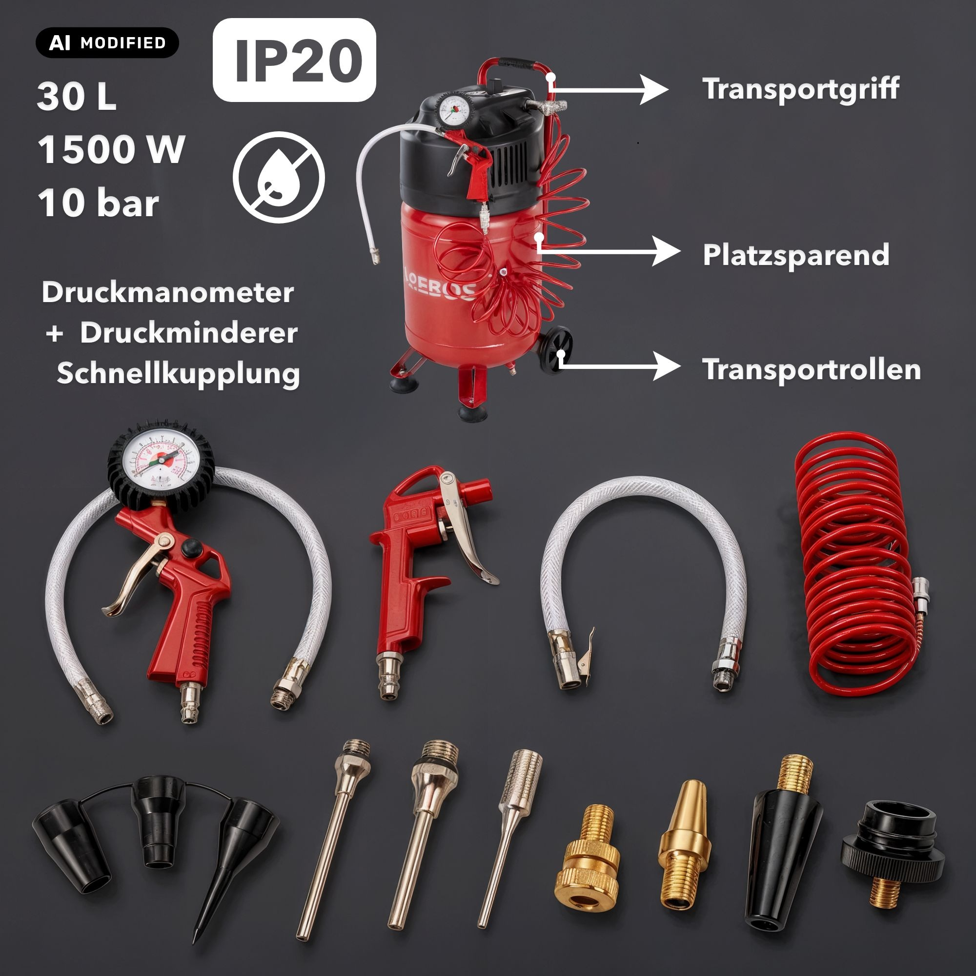 Roter 30L-Druckluftkompressor mit Zubehör wie Schläuchen, Pistolen und Düsen auf grauem Grund.