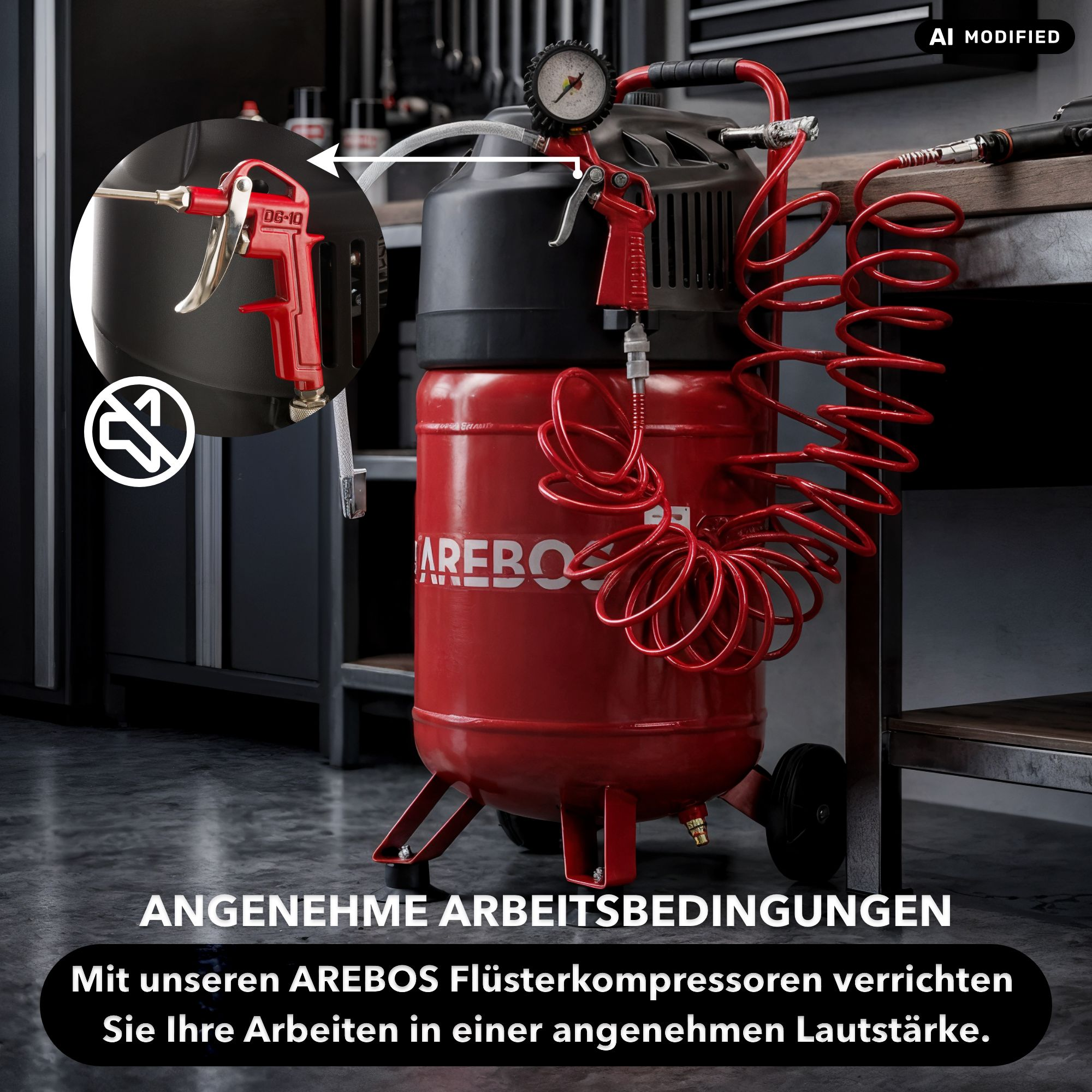 Ein rot-schwarzer AREBOS Kompressor in einer Werkstatt mit einem roten Spiralschlauch.