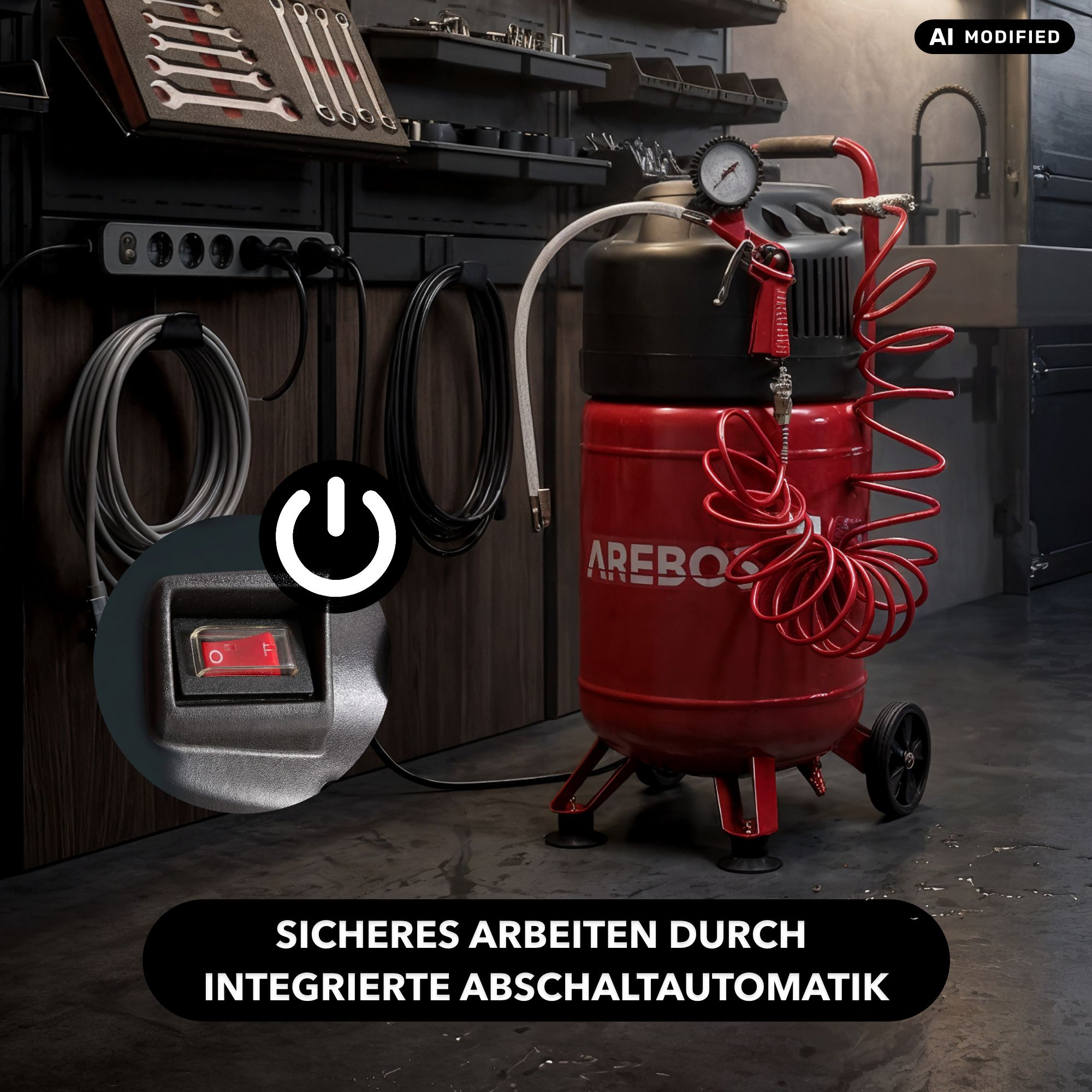 Ein roter Arebos-Kompressor in einer Werkstatt mit einem roten Ein-Aus-Schalter im Vordergrund.