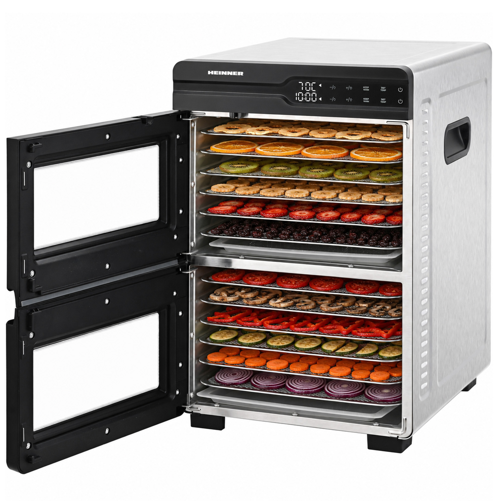 Ein Edelstahldörrgerät mit geöffneten Türen zeigt Tabletts mit getrocknetem Obst und Gemüse.