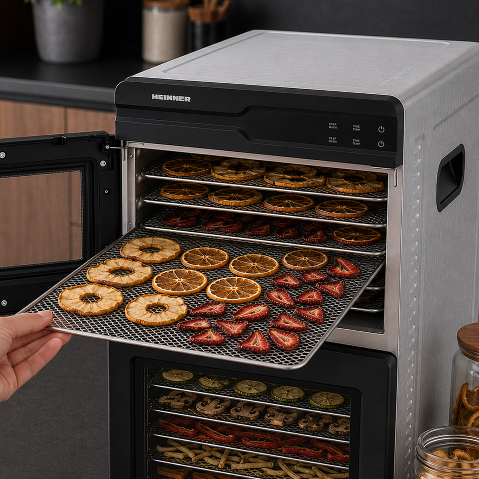 Eine Hand zieht eine Gitterplatte mit getrockneten Früchten aus einem Edelstahl-Dehydrator.