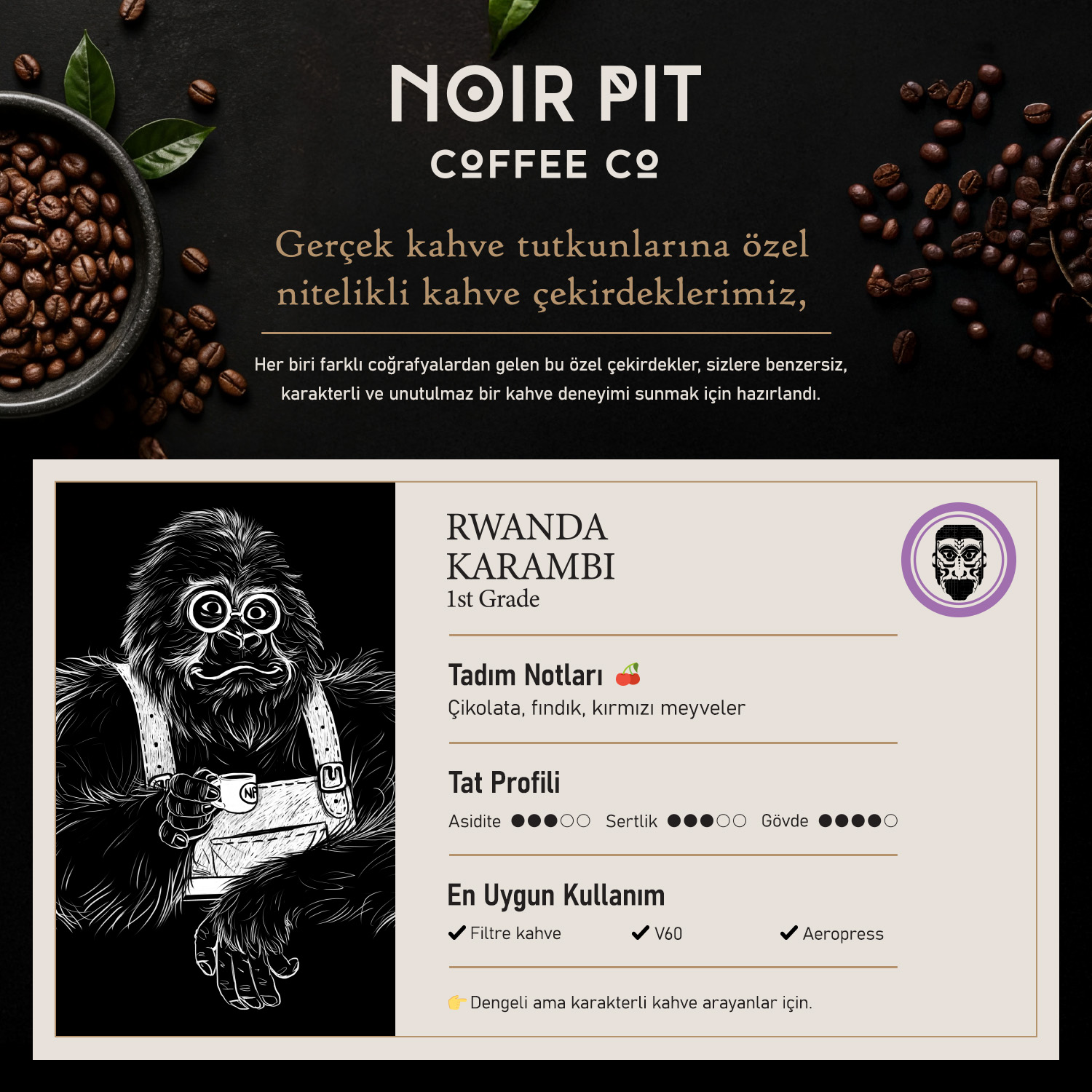 Goril illüstrasyonu ve kahve çekirdekleri içeren Noir Pit Coffee Co Rwanda Karambi kahve ilanı.