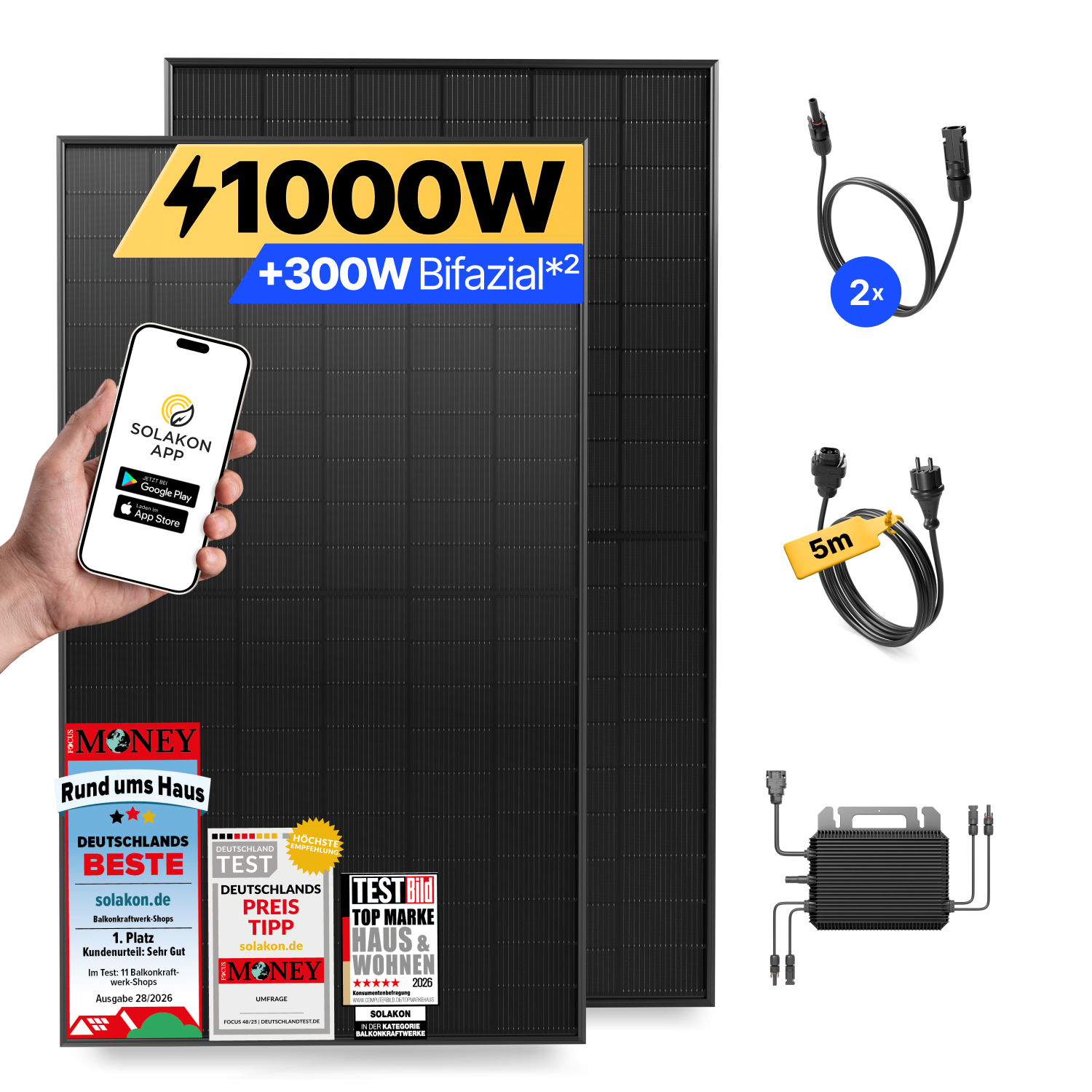 Solarpanel-Set 1000W mit App-Steuerung, Kabeln und Wechselrichter.