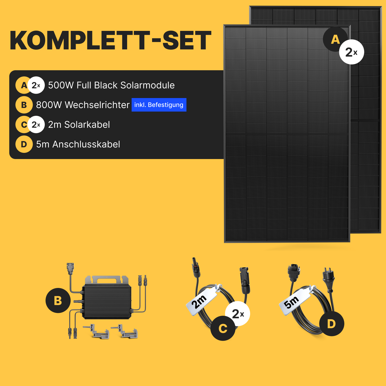 Komplettset mit zwei Solarmodulen, Wechselrichter und Kabeln auf gelbem Hintergrund.