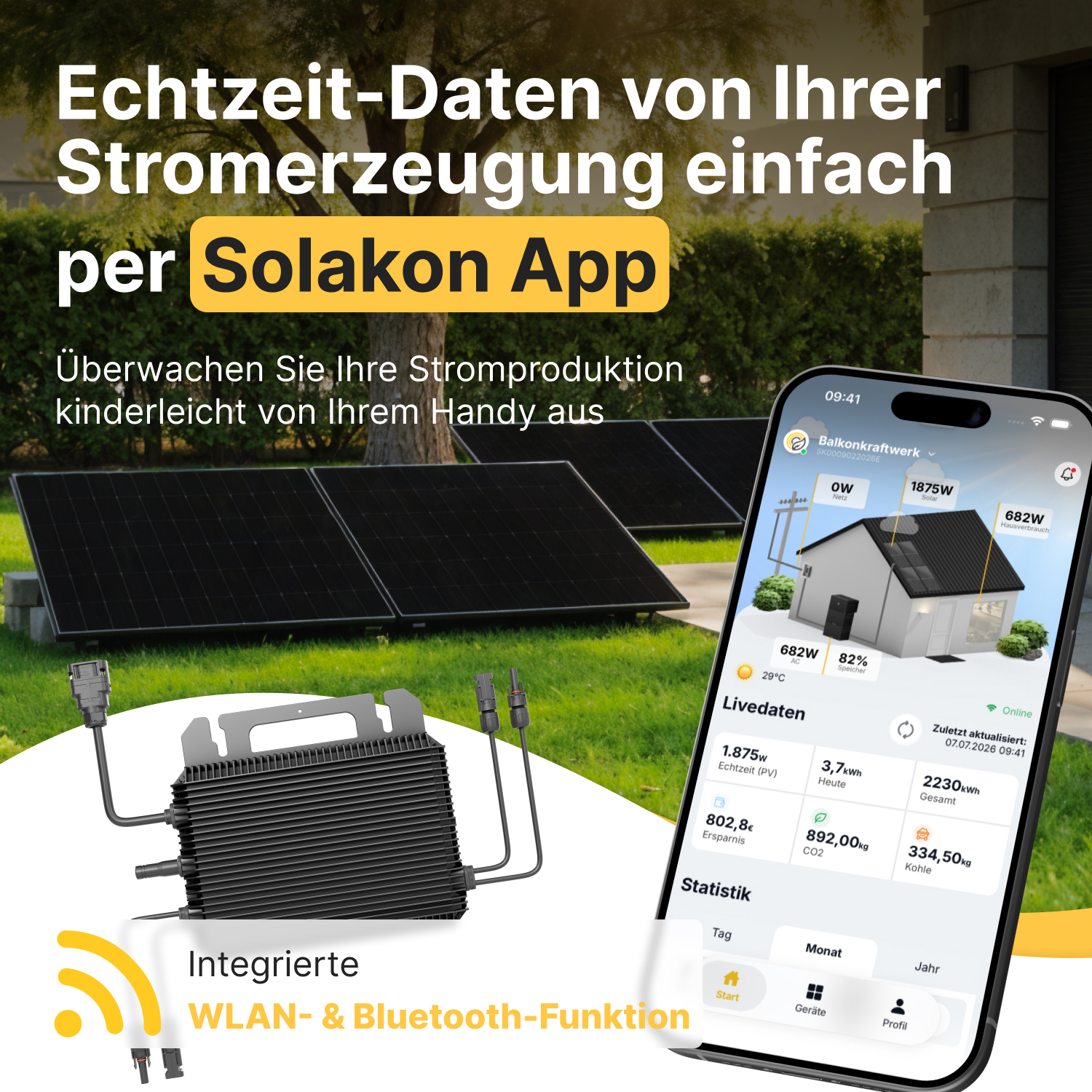 Solaranlage mit Inverter und Smartphone-App zur Live-Überwachung der Stromerzeugung.