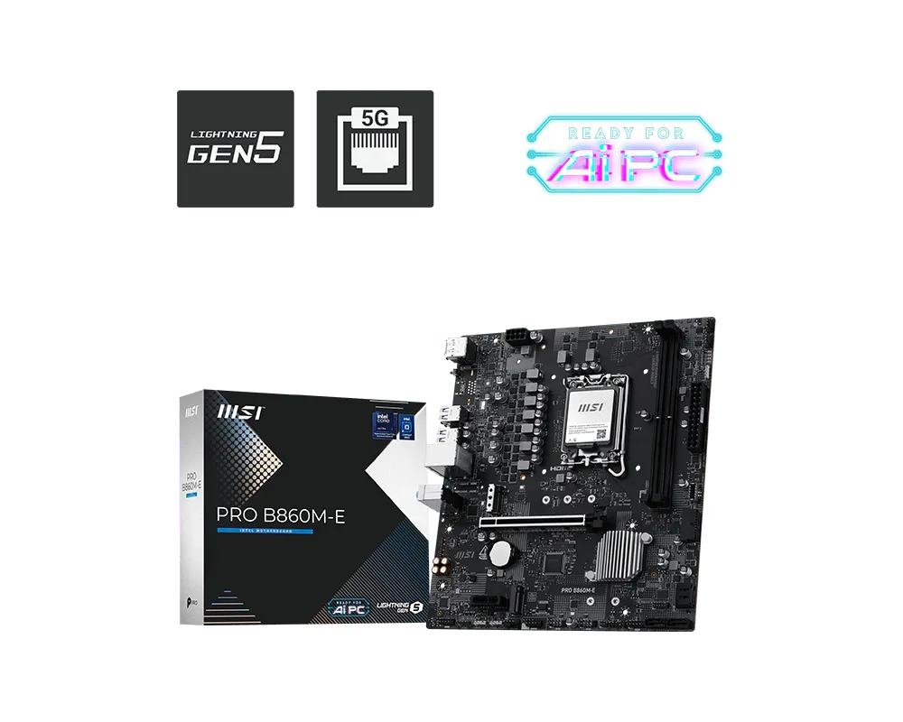 Gen5 ve 5G simgelerine sahip MSI PRO B860M-E anakart ve kutusu.