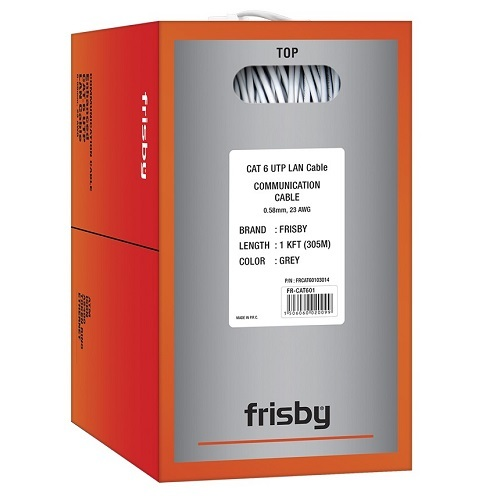Beyaz kablolu turuncu ve gri Frisby CAT 6 UTP ağ kablosu kutusu.