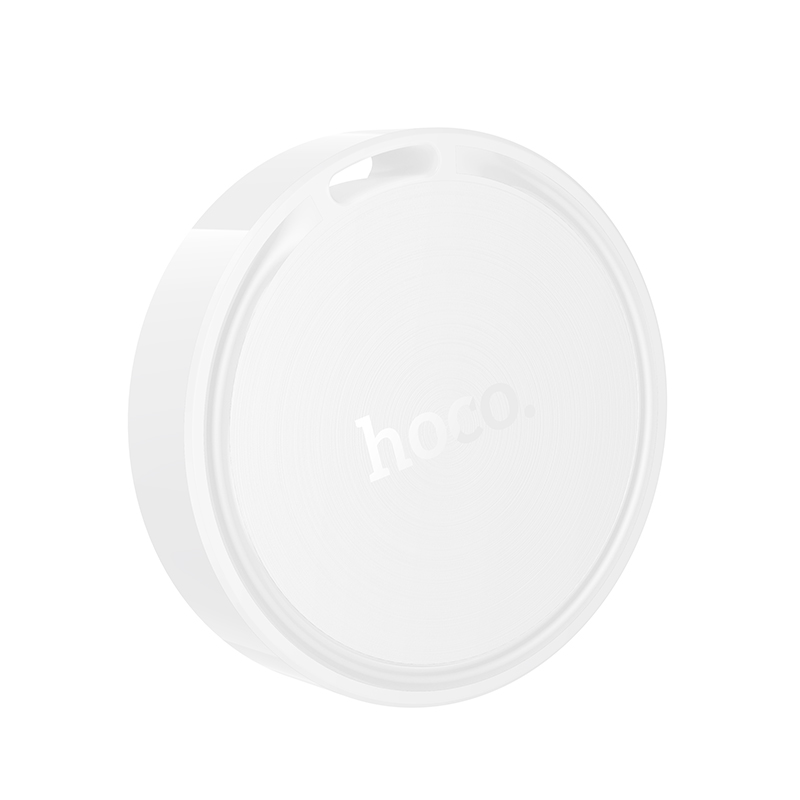 Un rastreador Hoco redondo y blanco con un pequeño lazo en la parte superior, aislado en un fondo blanco.