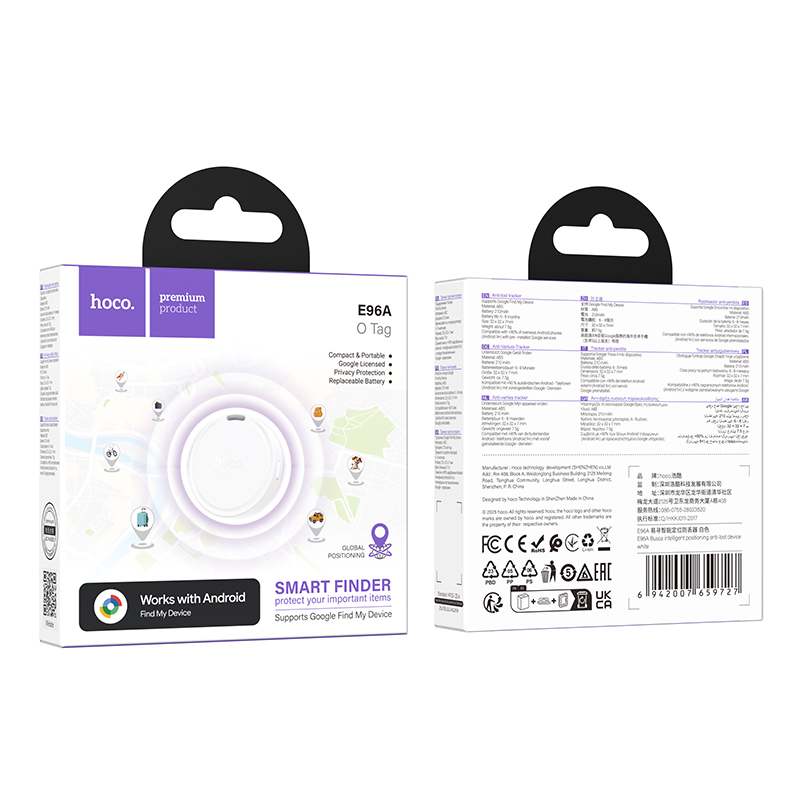 Embalaje de un Hoco E96A Smart Finder blanco con detalles de Google Find My Device y características.