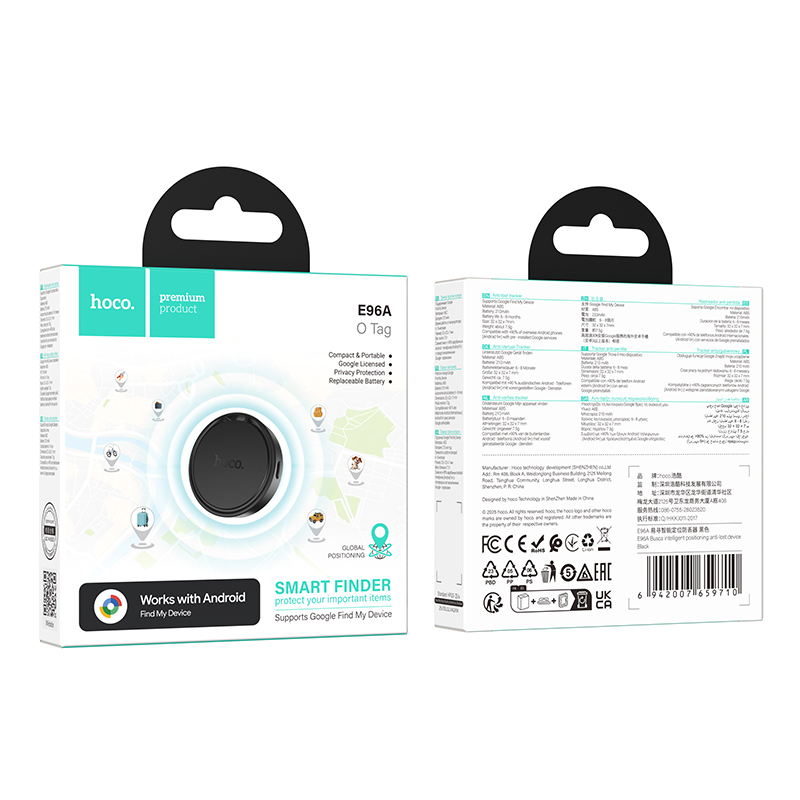 Empaque para Hoco E96A Smart Finder con etiqueta negra, compatibilidad con Android y detalles en la parte trasera.