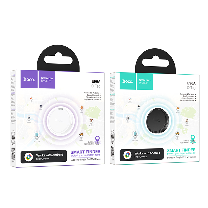 Dos cajas de localizador inteligente Hoco E96A, una morada y blanca con etiqueta blanca, otra turquesa y blanca con negra.