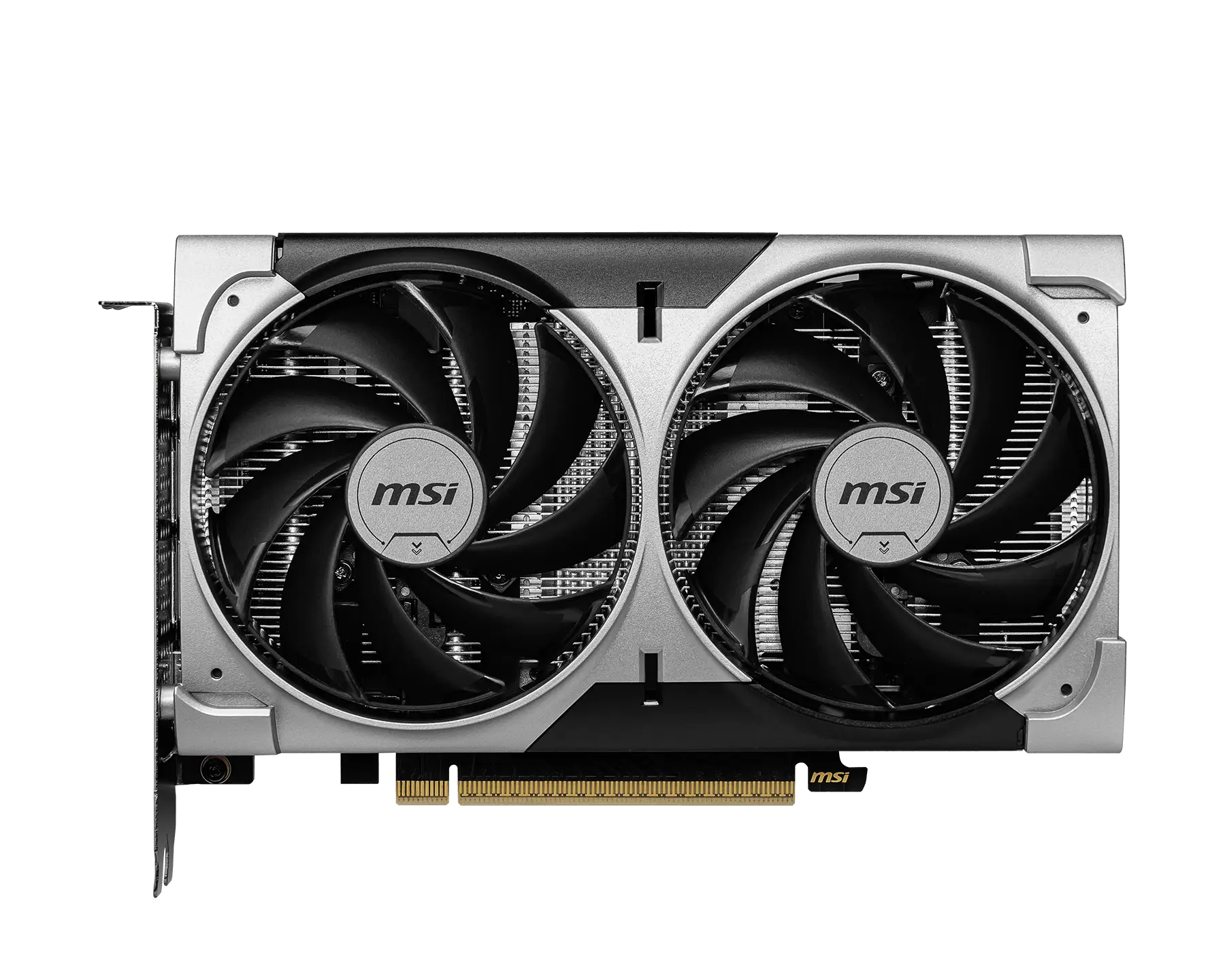 Siyah arka plan üzerinde gümüş ve siyah kasalı, iki büyük siyah soğutma fanına sahip bir MSI grafik kartı.