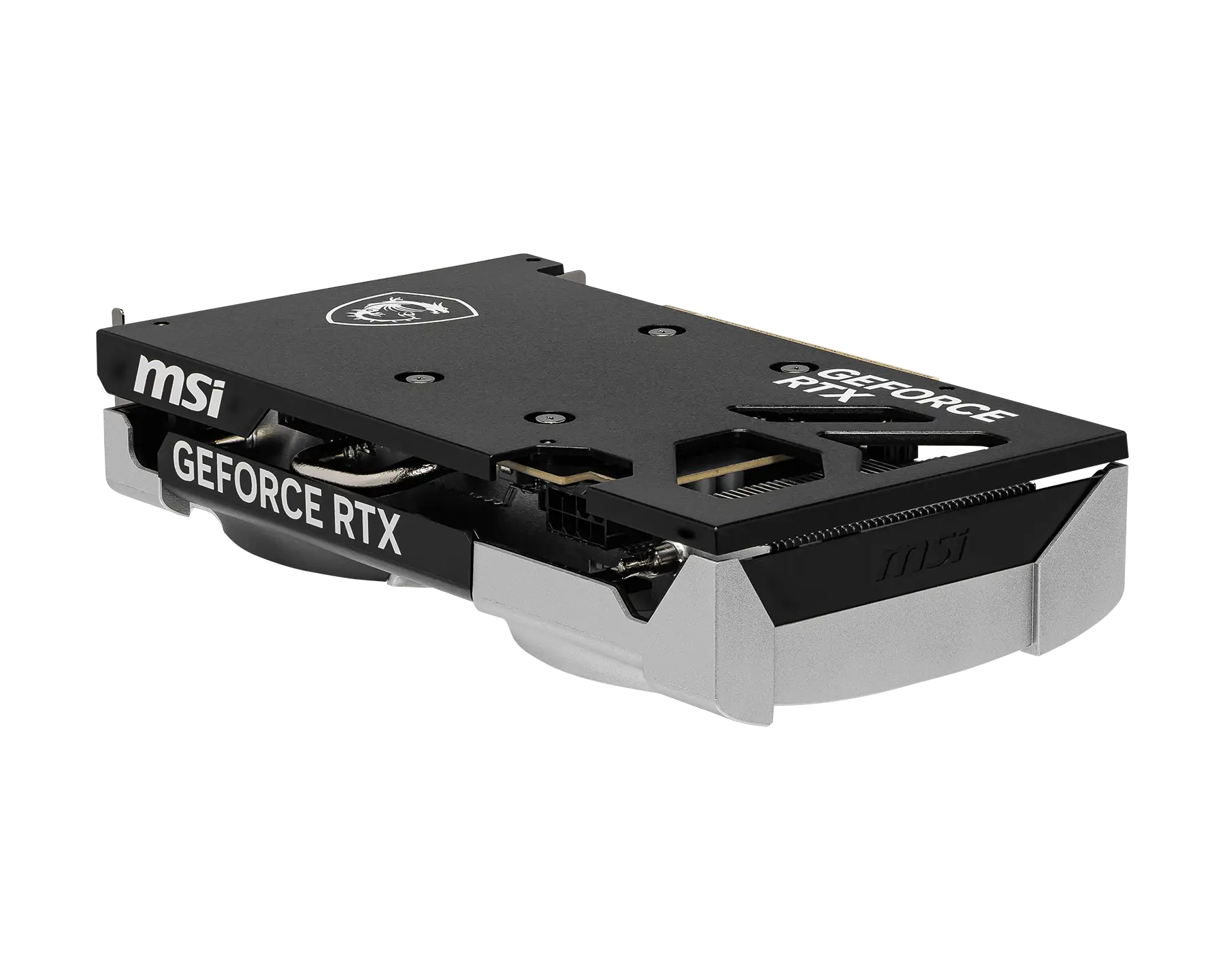 Siyah arka planda siyah ve gümüş renkli bir MSI GeForce RTX grafik kartı.