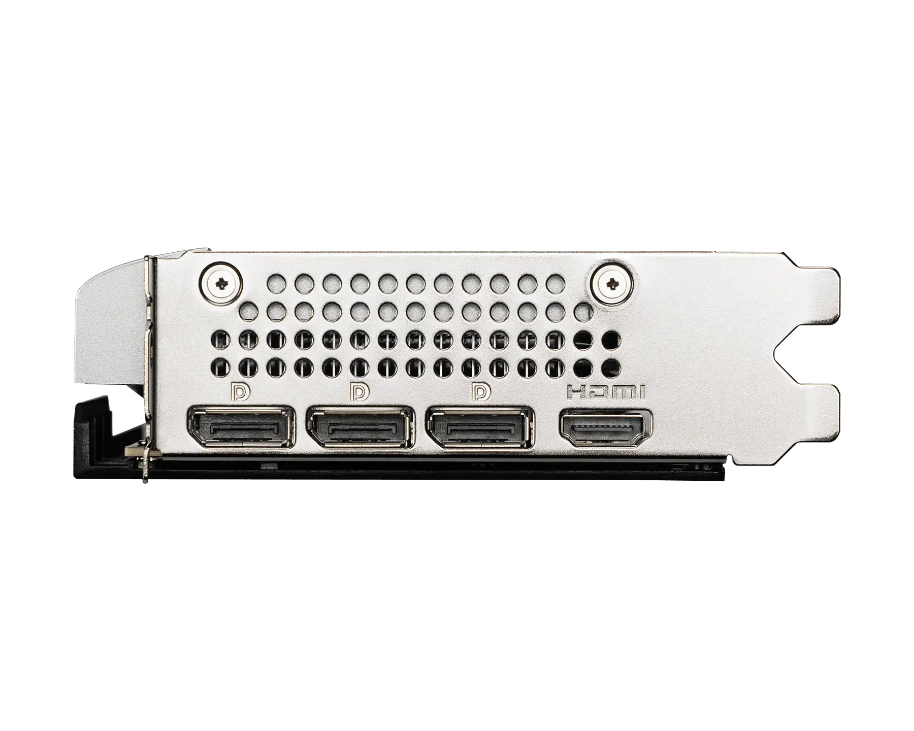 Siyah arka plan üzerinde üç DisplayPort konektörüne ve bir HDMI bağlantı noktasına sahip gümüş grafik kartı I/O braketi.