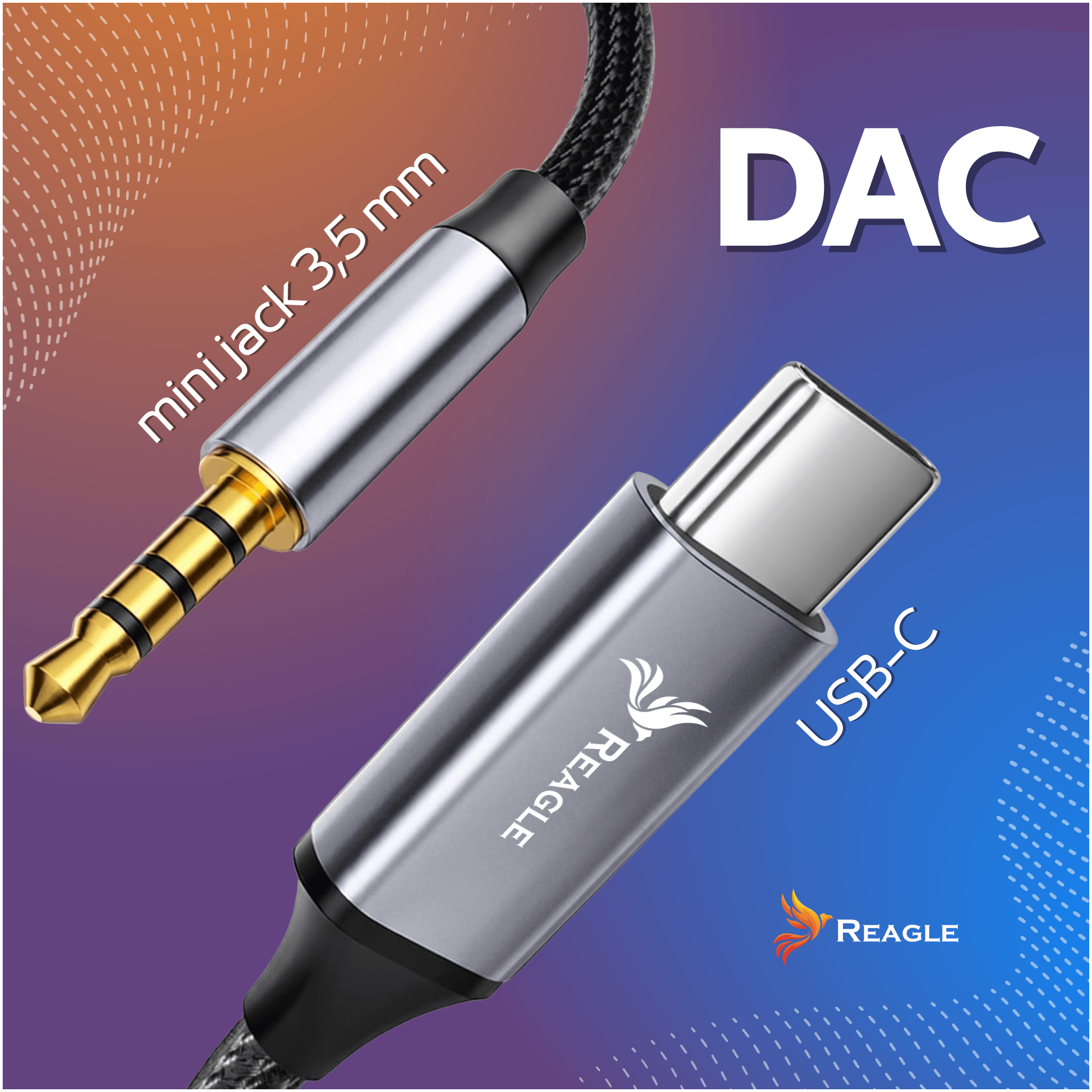 Un cable DAC con un miniconector de 3,5 mm y un conector USB-C sobre un fondo azul y morado.