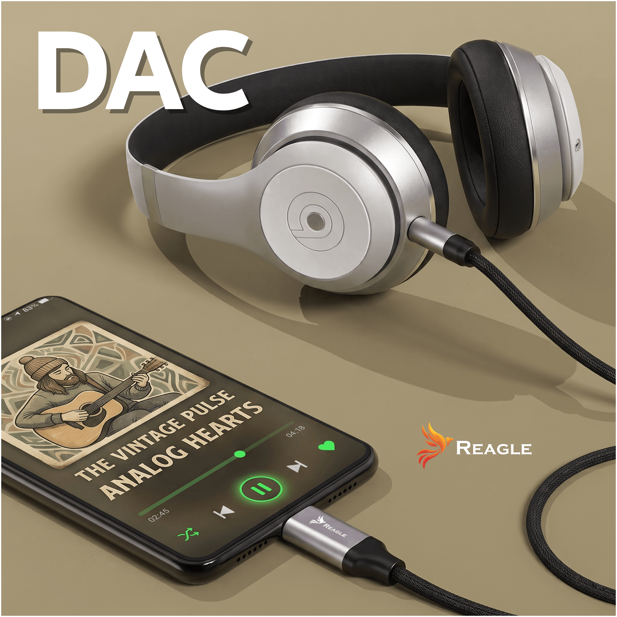 Auriculares plateados y un smartphone con aplicación de música sobre fondo beige.