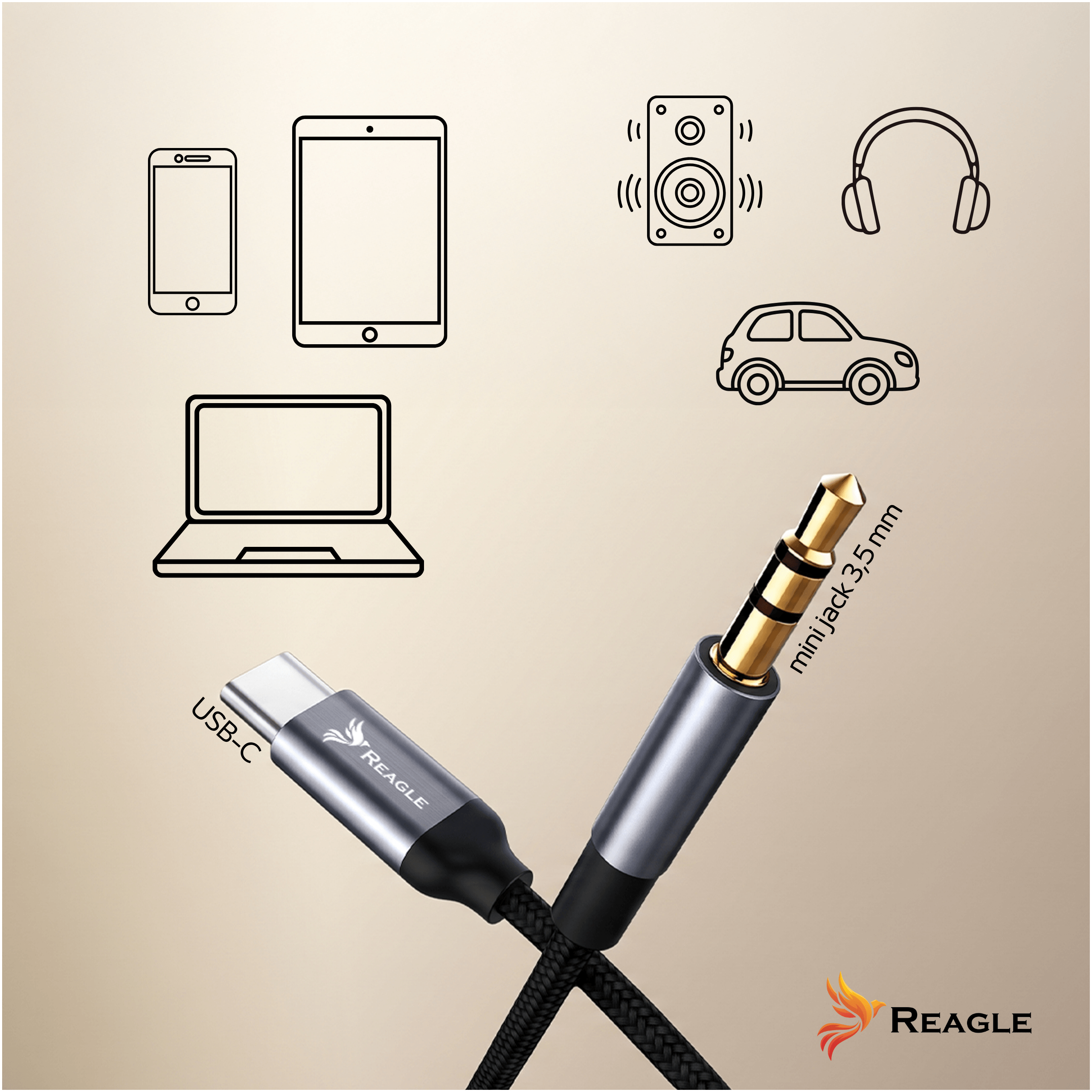 Cable de audio Reagle USB-C a 3.5 mm con iconos de dispositivos en fondo degradado.