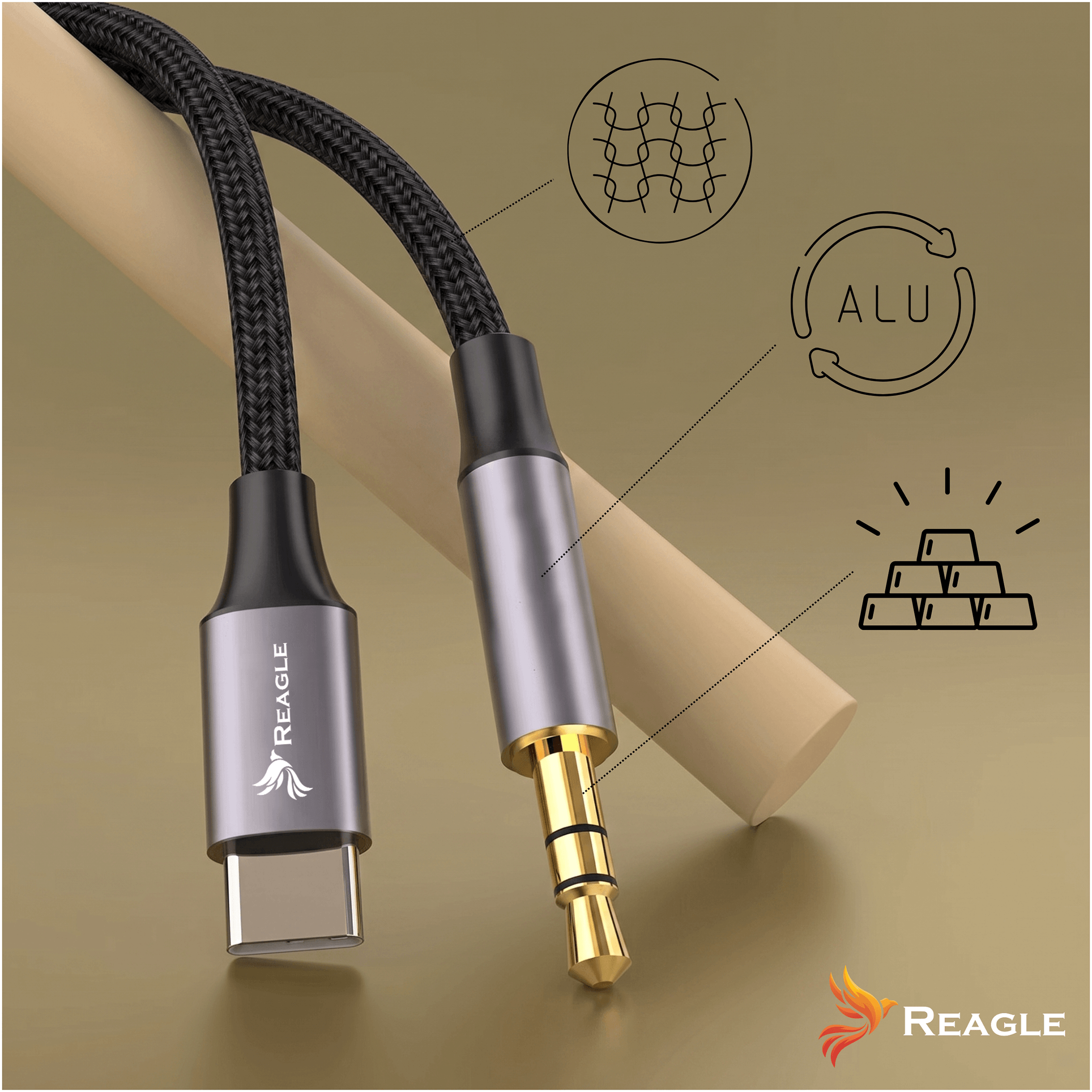 Un cable USB-C a jack de audio Reagle con conector dorado e iconos de materiales.