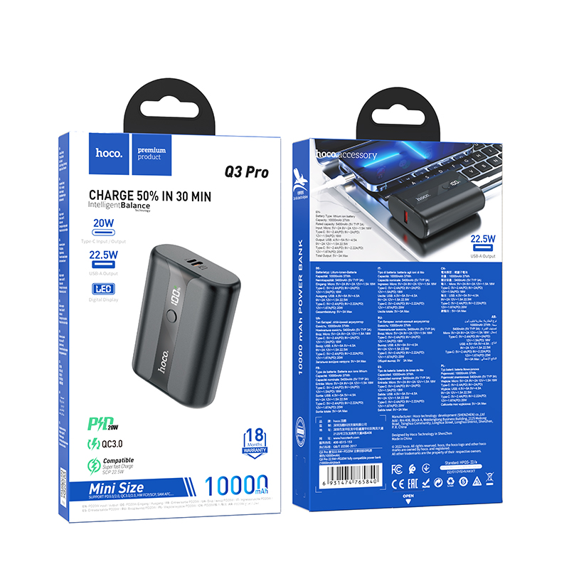 Embalaje del mini banco de energía Hoco Q3 Pro negro de 10000mAh con pantalla digital.