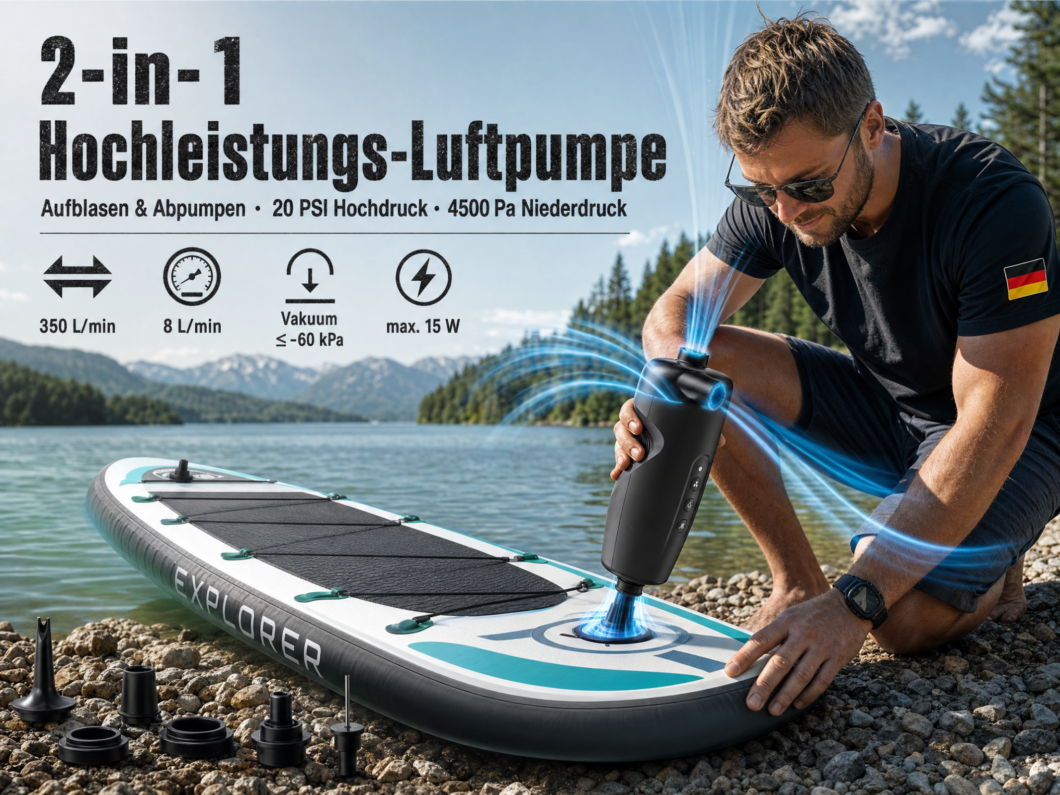 Ein Mann nutzt eine elektrische Luftpumpe, um ein SUP-Board am Seeufer aufzupumpen.