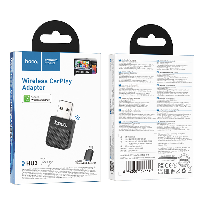 Empaque de un adaptador inalámbrico CarPlay Hoco negro con puertos USB-A y USB-C.