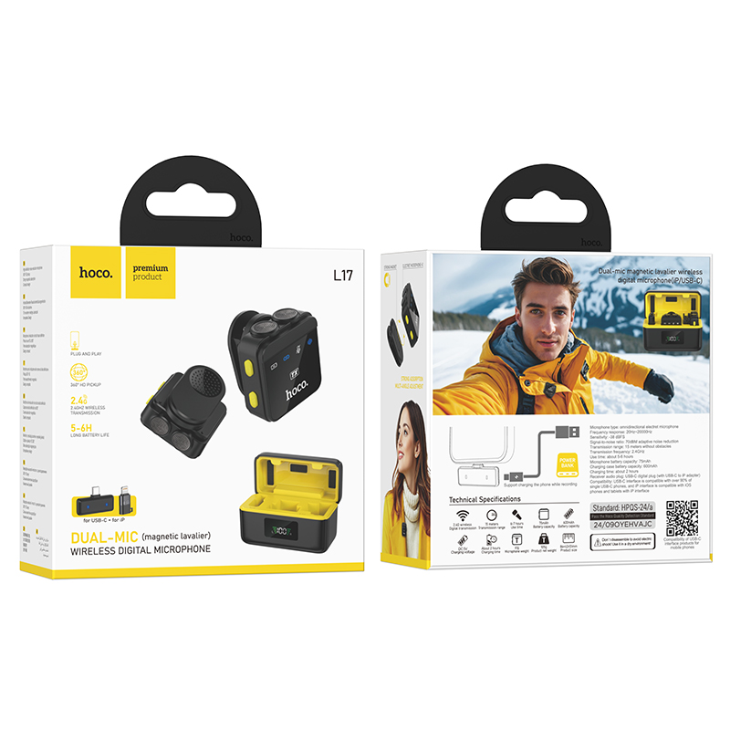 Empaque para micrófono inalámbrico dual hoco L17 con imágenes y especificaciones.