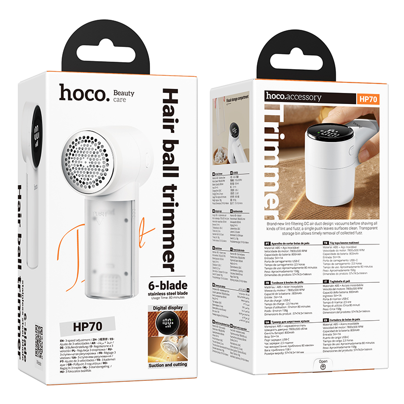Empaque de un quitapelusas blanco Hoco HP70 que muestra el dispositivo, pantalla digital y detalles.