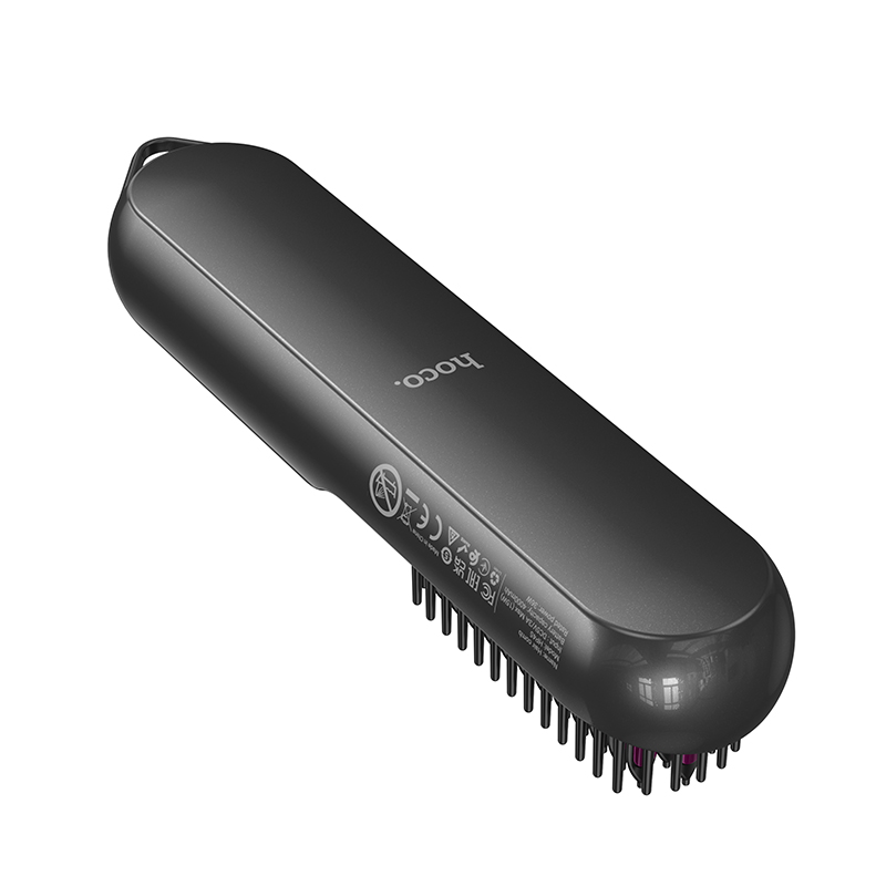 Un peine alisador de pelo eléctrico, negro y elegante, con un logotipo y detalles técnicos.