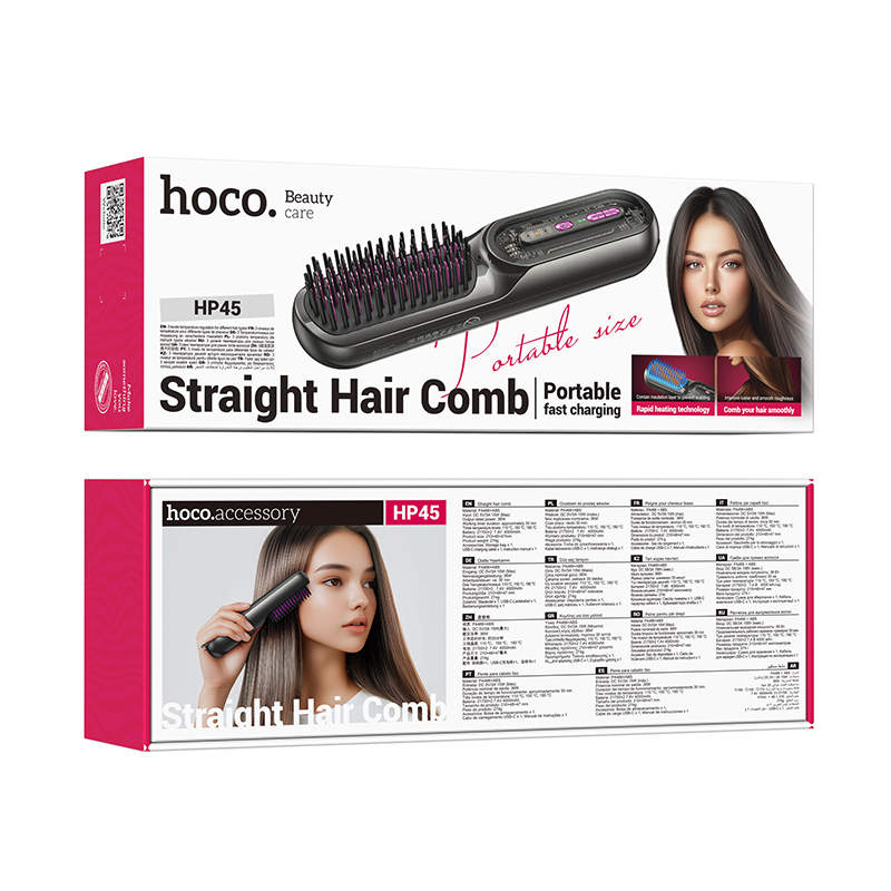 Empaque del cepillo alisador de pelo portátil Hoco HP45, con imágenes y detalles.
