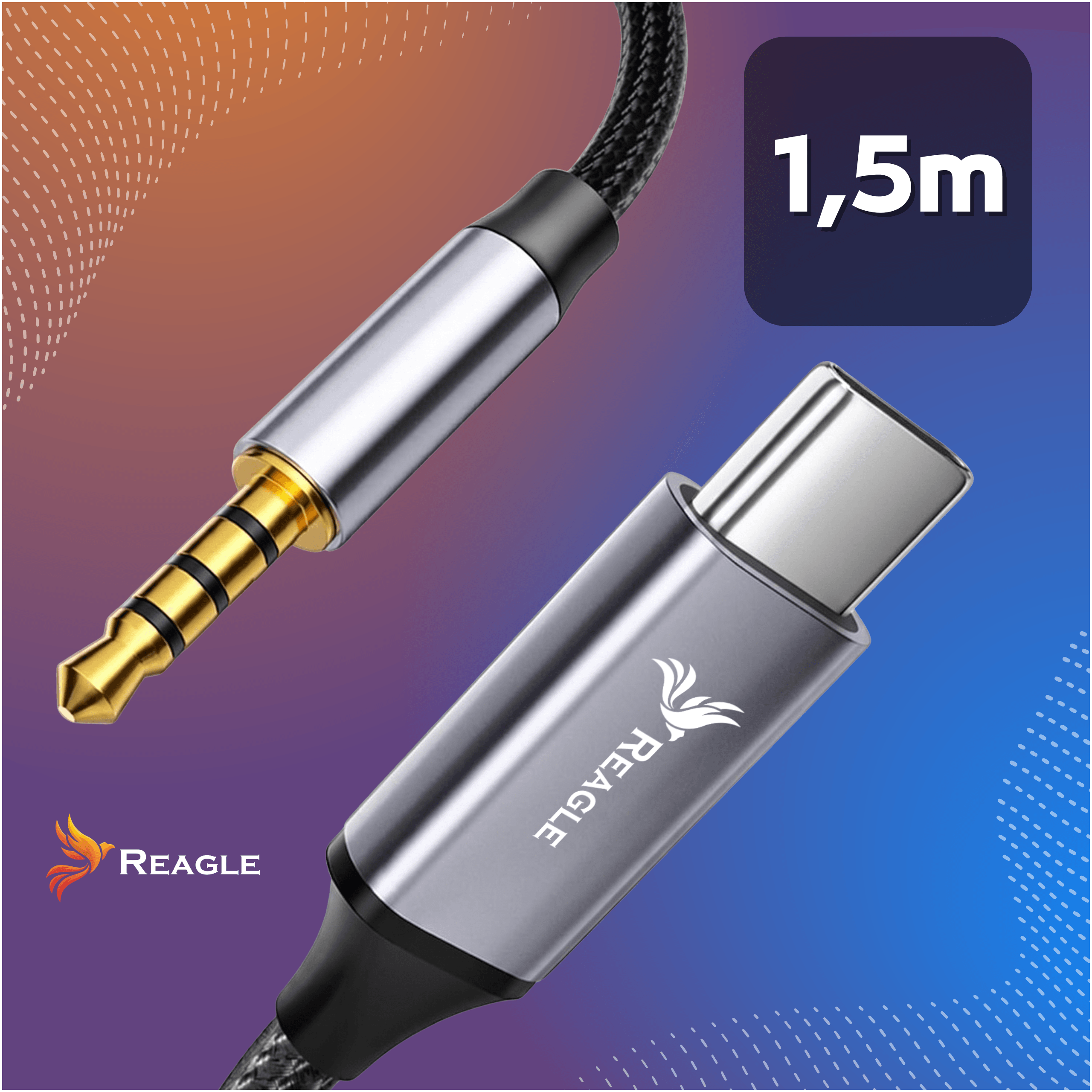 Kabel audio Reagle 1,5m ze złączem USB-C i wtykiem jack 3,5mm.