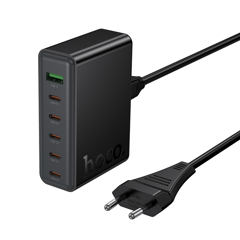 Cargador USB multi-puerto Hoco negro con un puerto USB-A y cinco USB-C, con enchufe europeo.