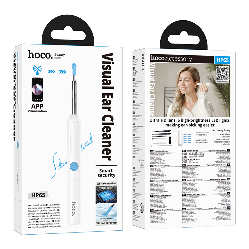 Empaque de un limpiador de oídos visual Hoco HP65 con conectividad de aplicación y accesorios.