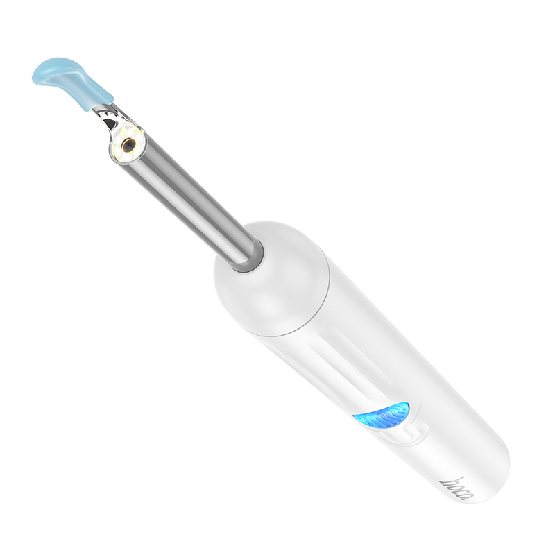 Un dispositivo electrónico blanco con cabeza de metal y punta azul sobre fondo blanco.