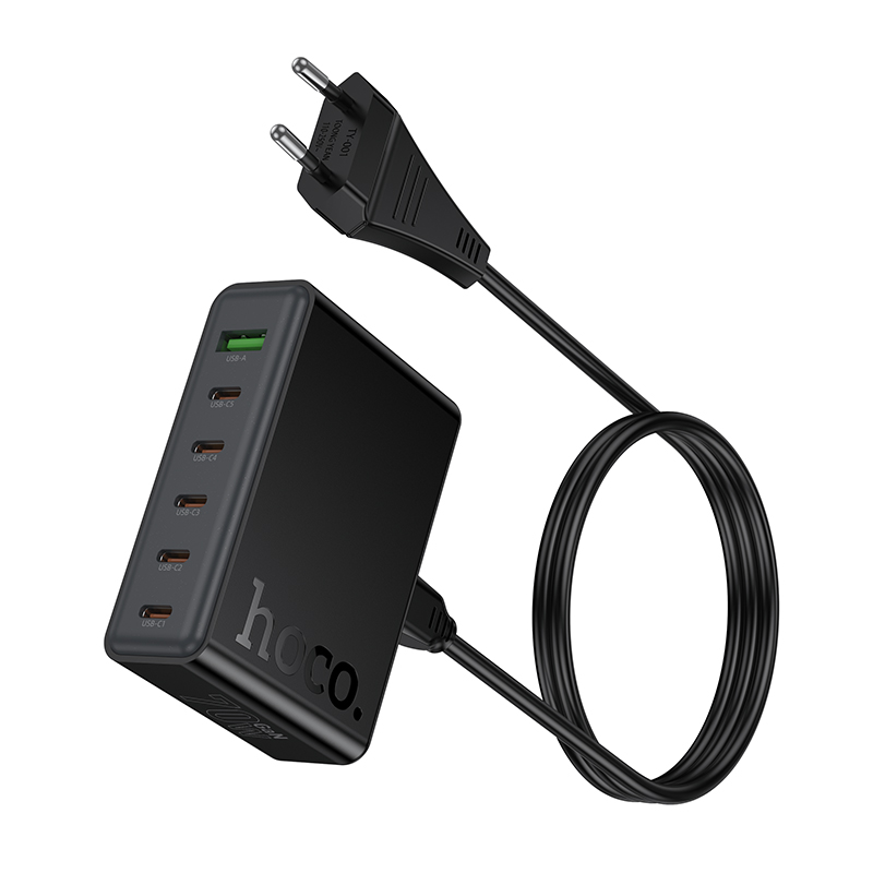 Cargador multipuerto Hoco negro con cinco puertos USB-C, un puerto USB-A y un cable de alimentación conectado.