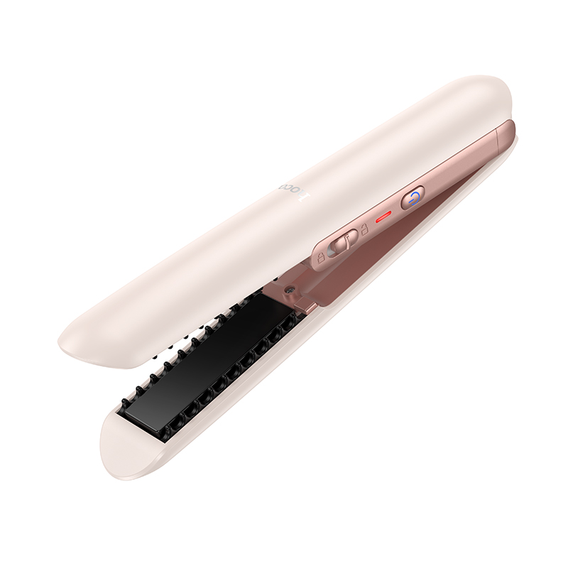 Una plancha de pelo blanca y oro rosa con placas negras y controles laterales, sobre un fondo blanco.
