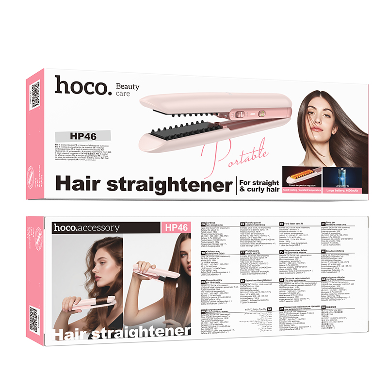 Empaque de plancha de pelo portátil rosa Hoco con imágenes del producto y una mujer.