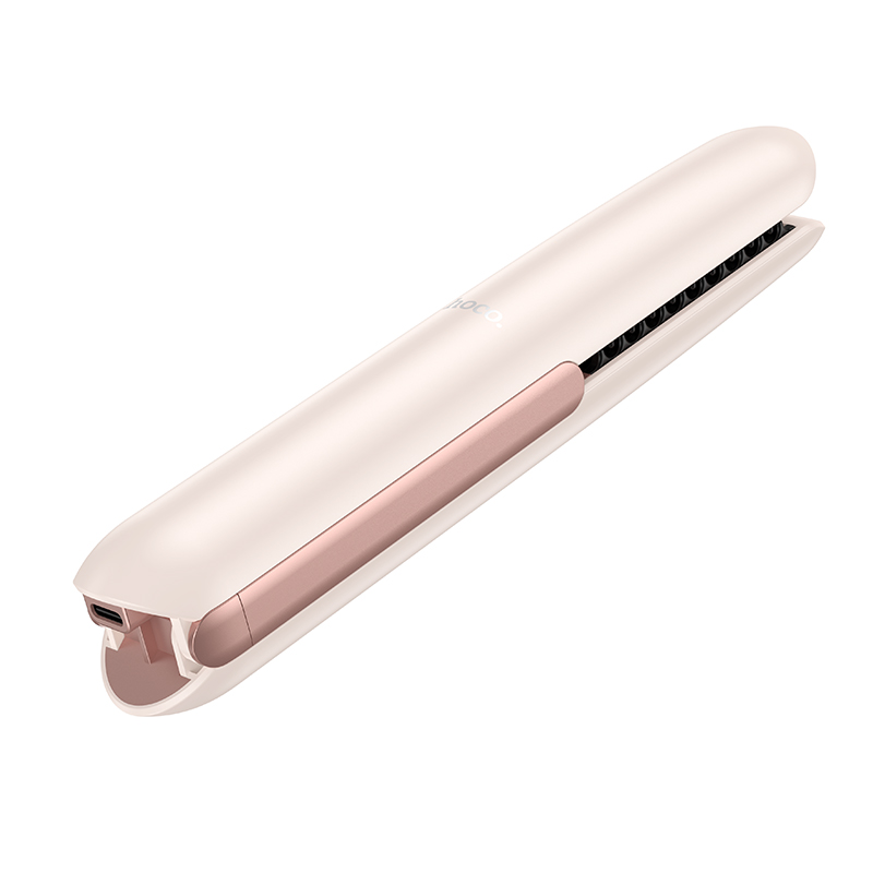 Una plancha de pelo inalámbrica cerrada en color blanco y oro rosa con un puerto USB-C.