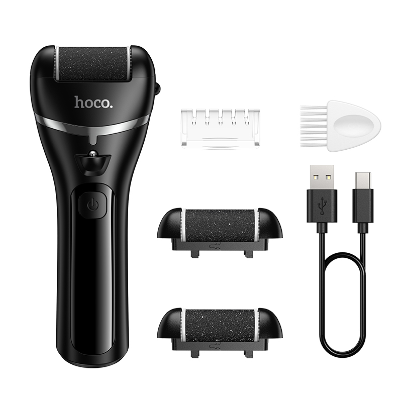Lima eléctrica negra para pies con dos rodillos, cubierta protectora, cepillo de limpieza y cable USB.