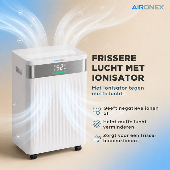 Aironex Luftentfeuchter mit Ionisator, digitalem Display und Text auf Niederländisch.