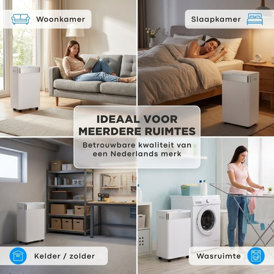 Ein weißer Luftentfeuchter in vier verschiedenen Räumen wie Wohnzimmer, Schlafzimmer, Keller und Waschkueche.