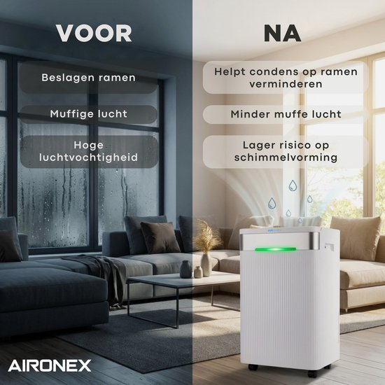 Vergleichsbild zeigt die Wirkung eines Luftentfeuchters im Wohnzimmer vor und nach der Anwendung.