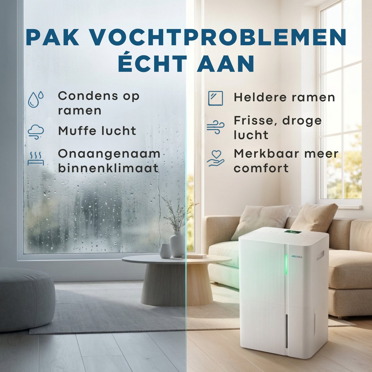 A dehumidifier in a living room showing a comparison of humid versus dry air conditions.