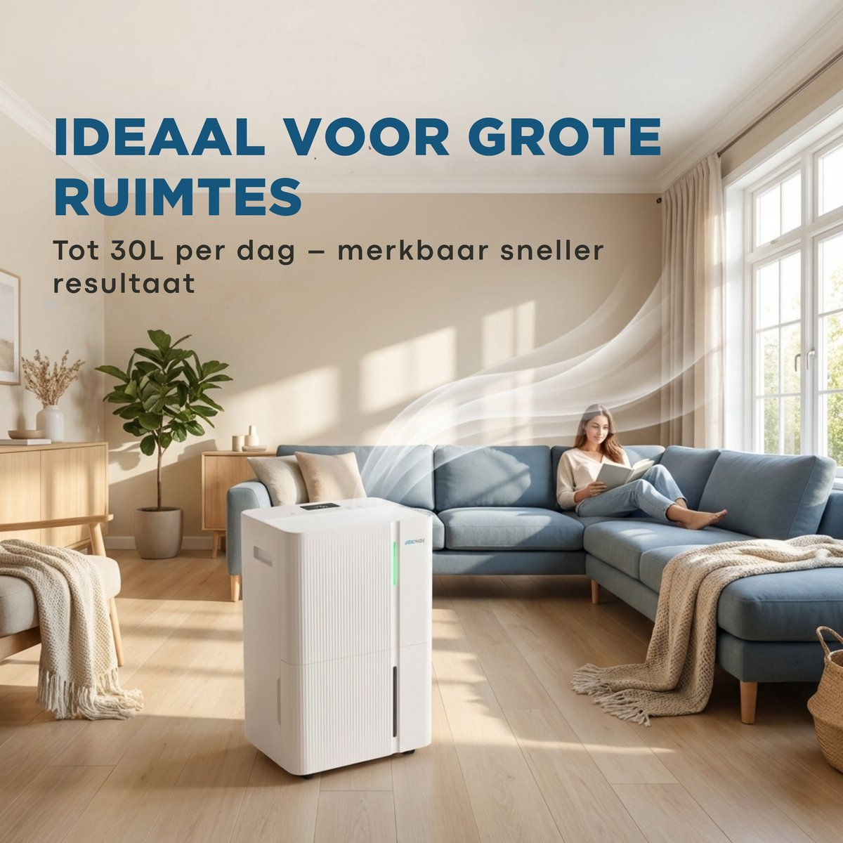 A white dehumidifier stands in a bright living room as a woman reads on a sofa, with Dutch promotional text overlaid.