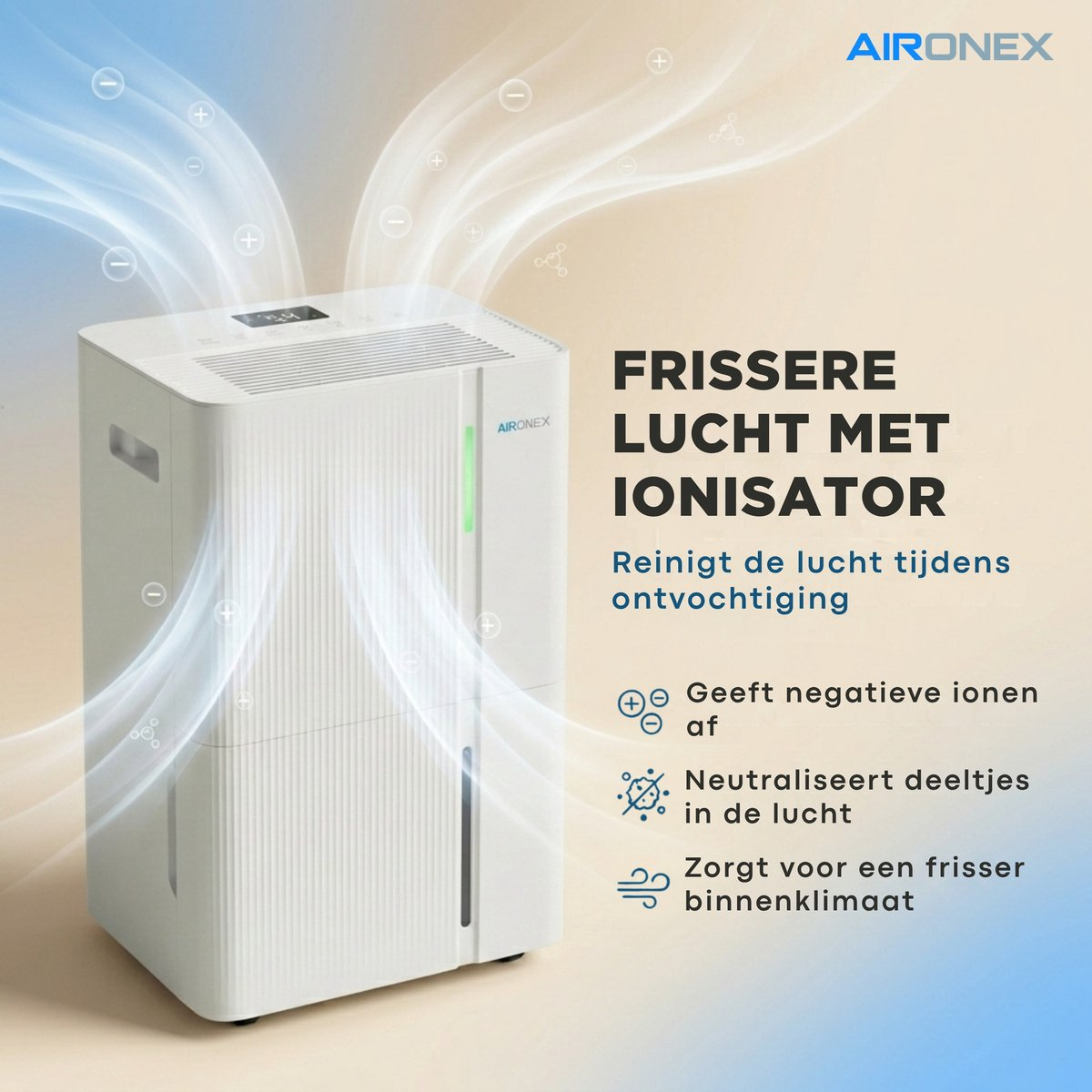 White Aironex dehumidifier with ionizer, showing airflow graphics and Dutch promotional text.