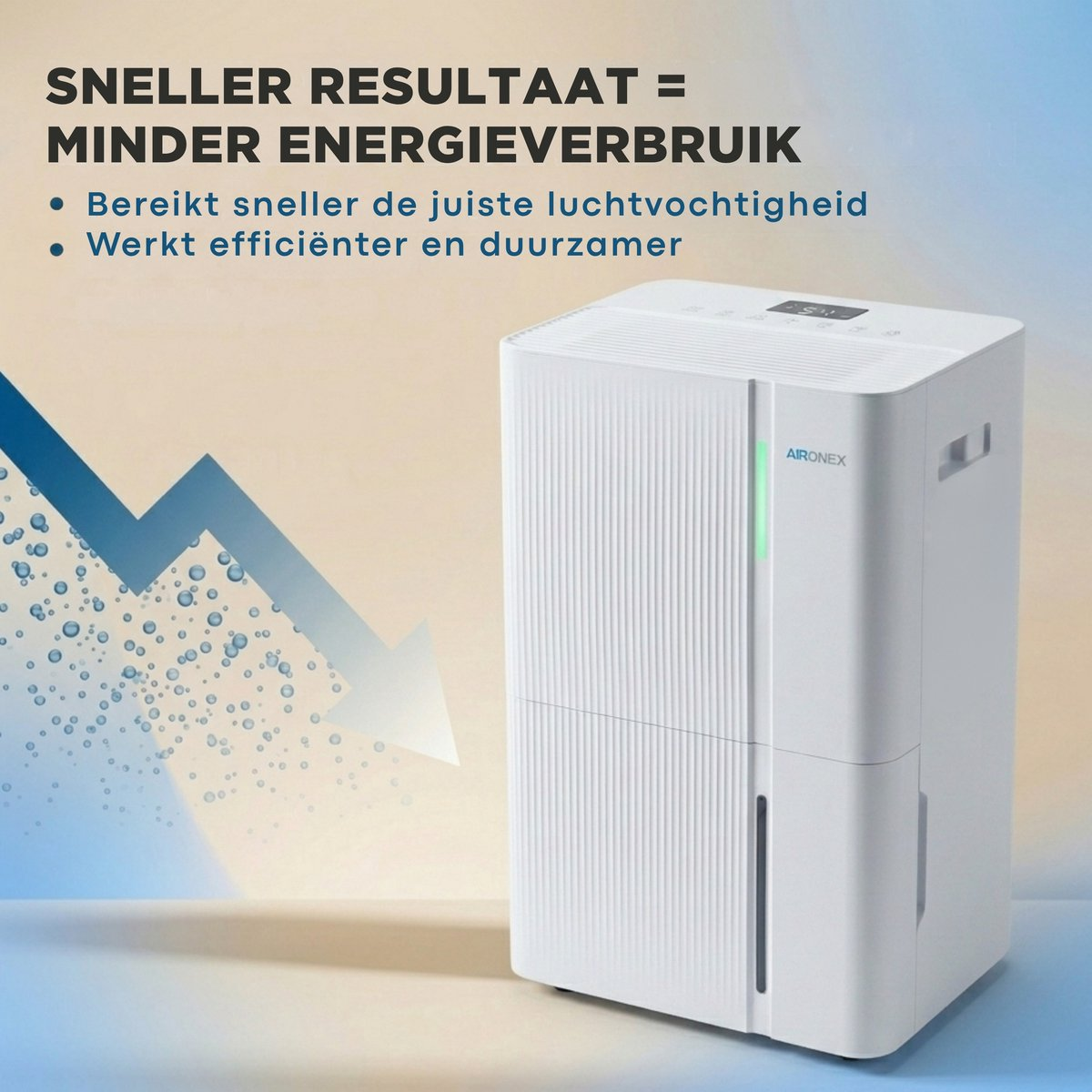 A white Aironex dehumidifier stands against a blue background with text and a downward graph.