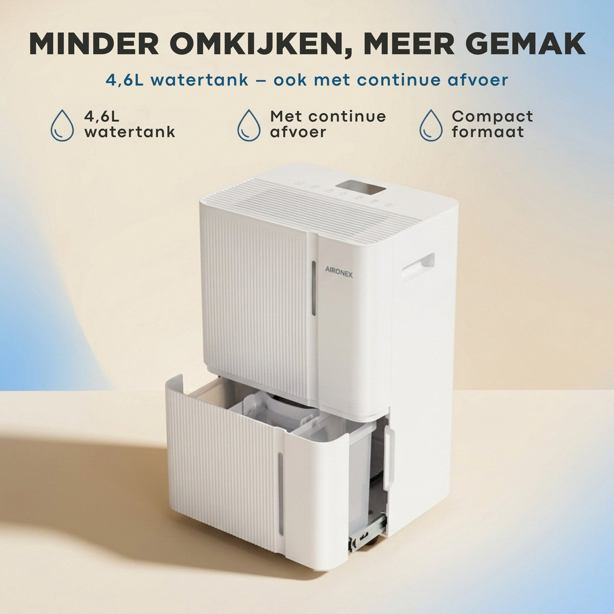 White dehumidifier with its water tank pulled out, displayed against a beige background with text.