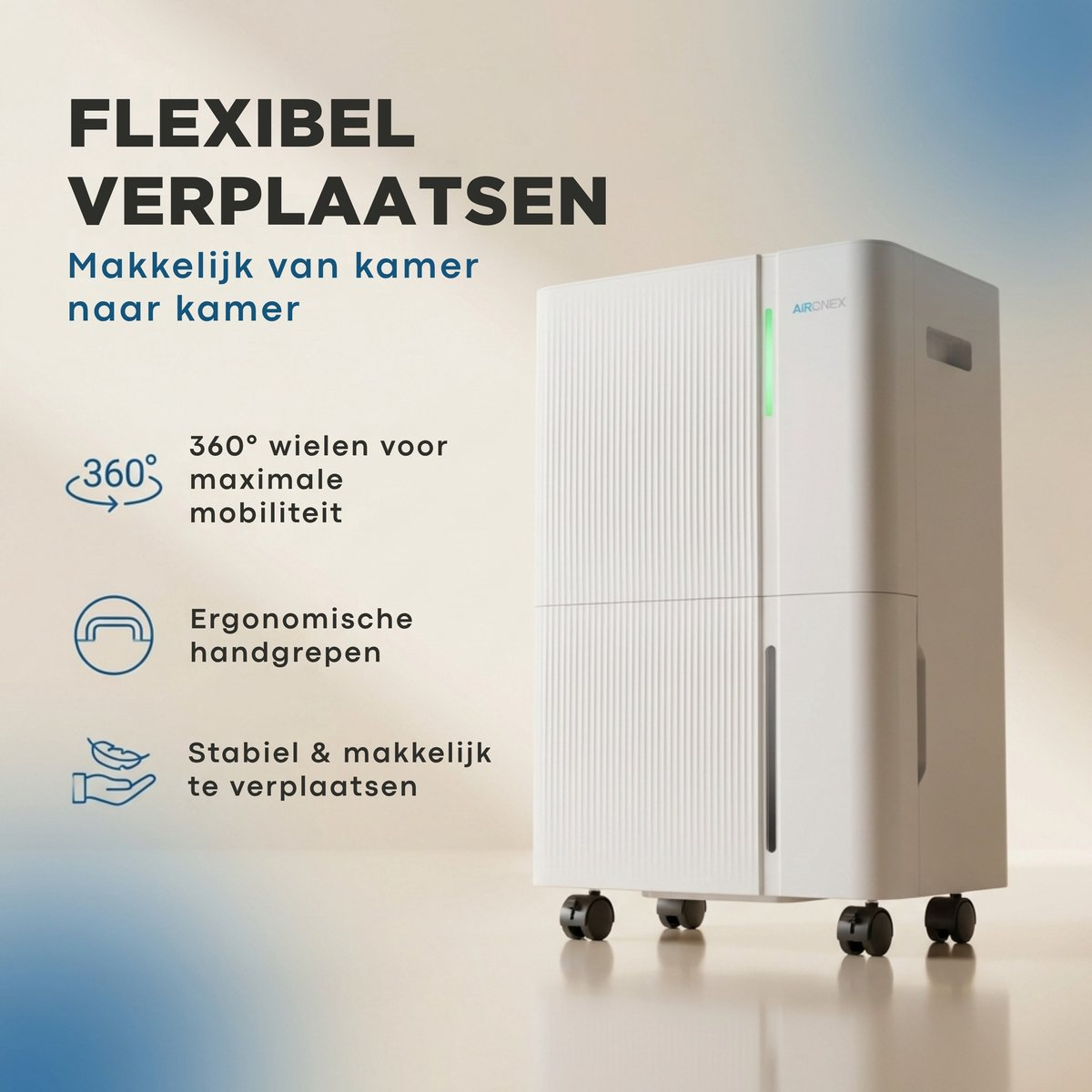 A white dehumidifier appliance with wheels and Dutch text overlays.