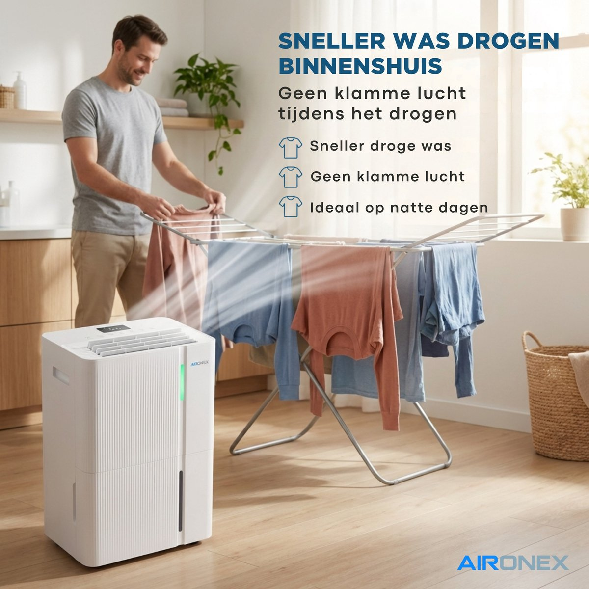 A man hangs laundry indoors while a white dehumidifier dries clothes on a rack nearby, with Dutch promotional text.
