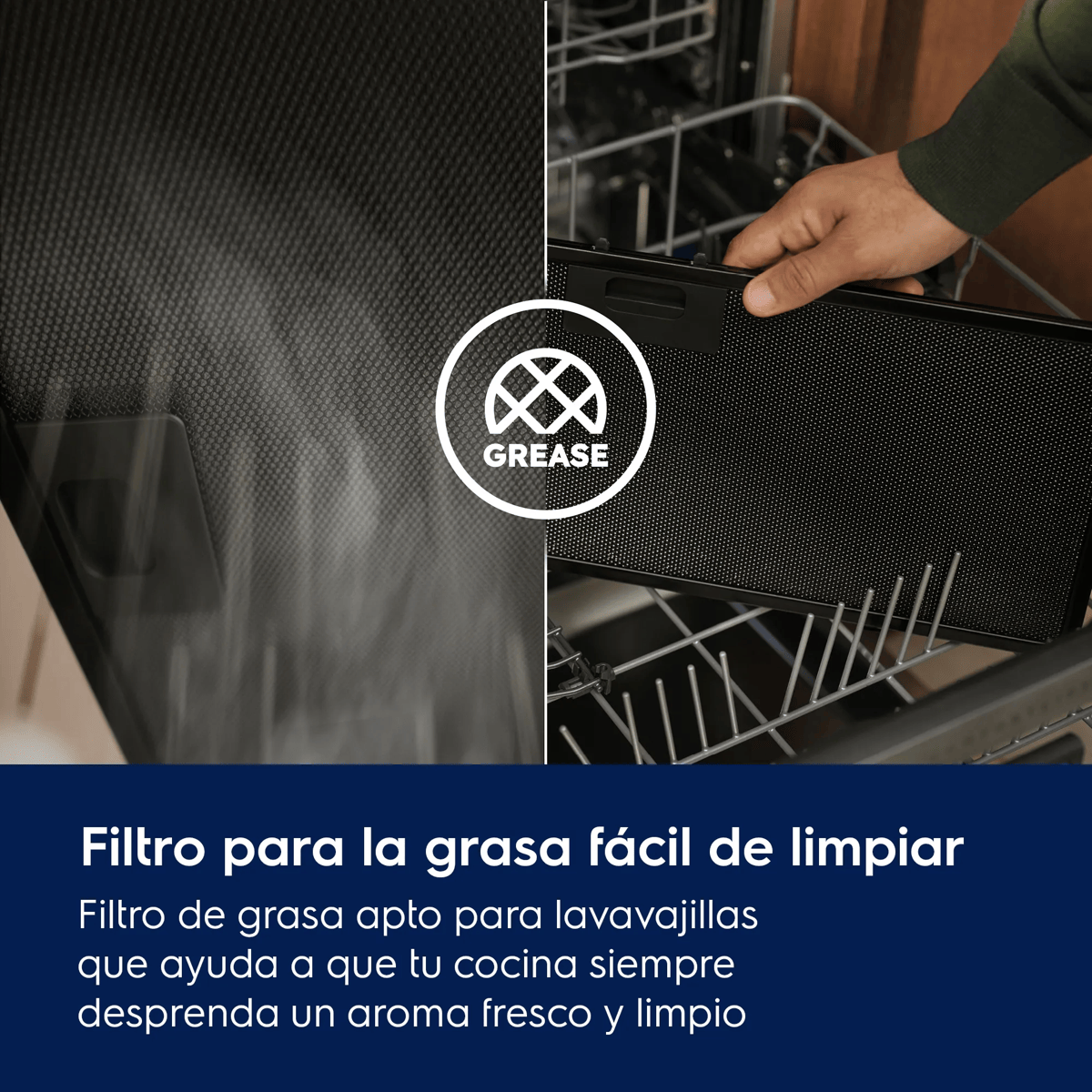 Una persona coloca un filtro de campana extractora en el lavavajillas.