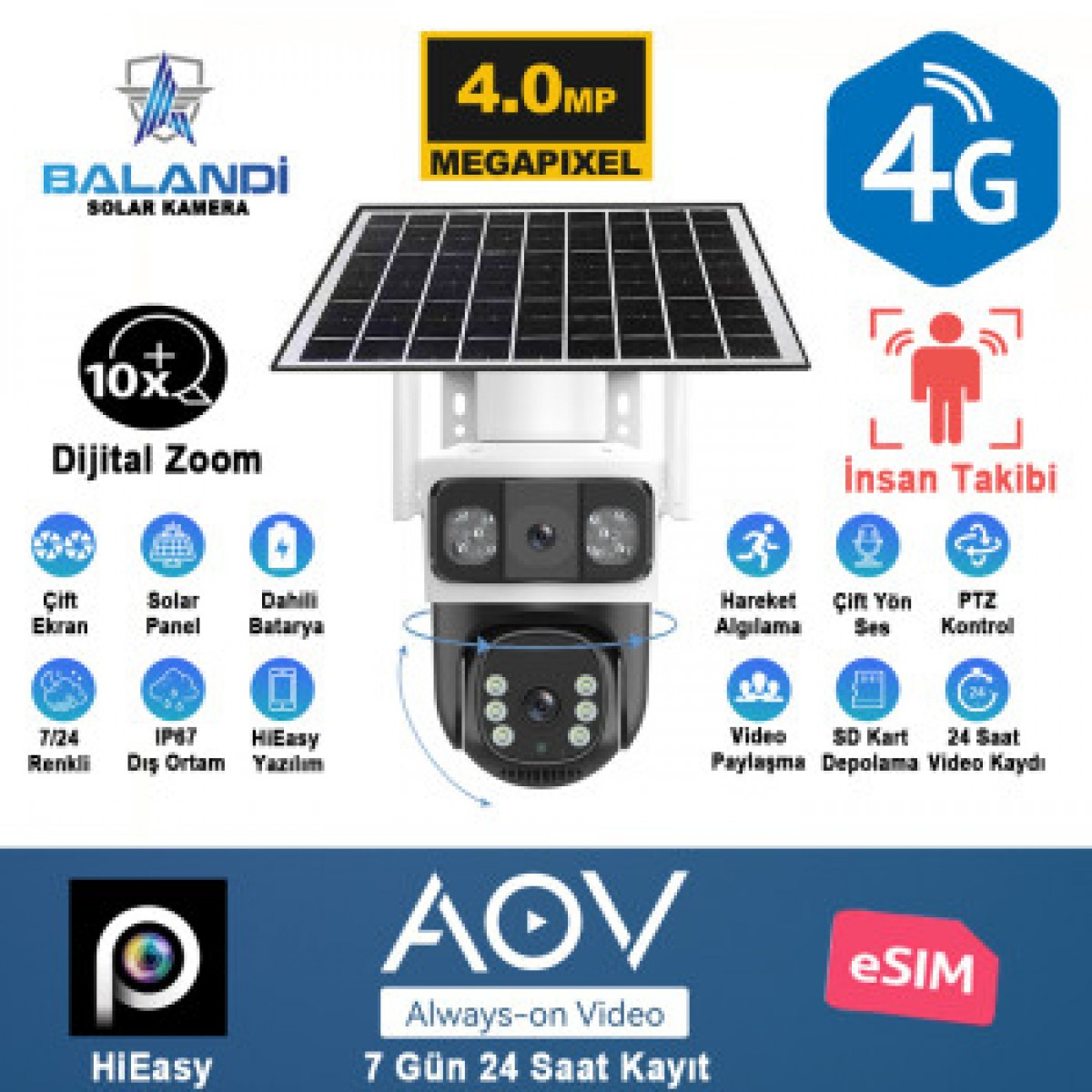4MP, 4G, dijital zoom, insan takibi ve çeşitli özellik simgelerine sahip güneş enerjili güvenlik kamerası.